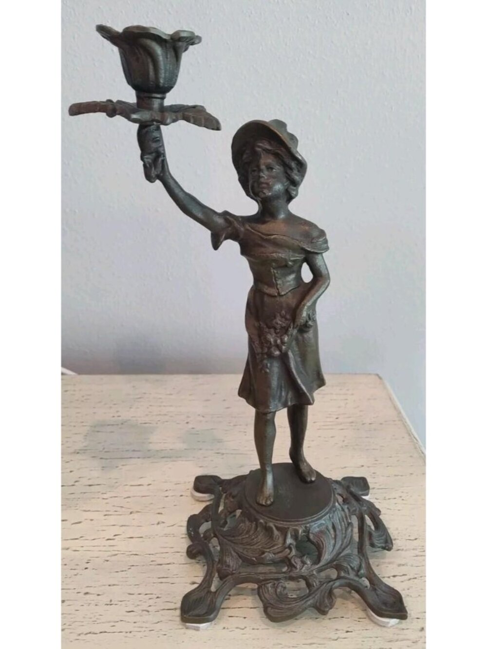 Bronze Art Nouveau Candle Holder Girl with Bonnet Holding Candle